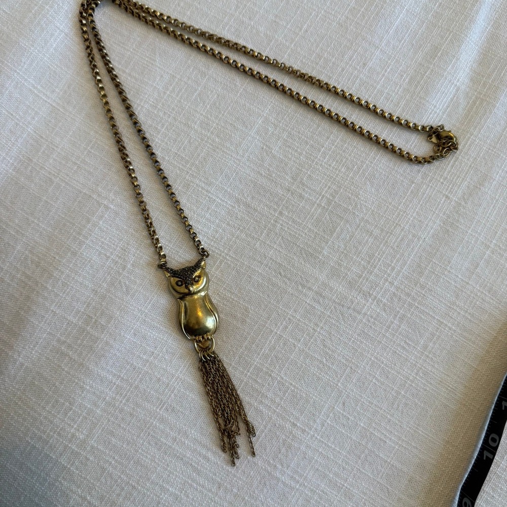 Stella & Dot Gold Owl Tassel Pendant Necklace Antiqued Pave Crystal Long‎ Chain